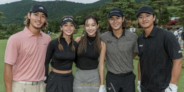 佐賀市三瀬村方面のゴルフ場で、ラウンド後に肩を並べて立つ30代〜40代の男女混合ゴルファー5人がゴルフウェア姿でバストアップ撮影されている様子
