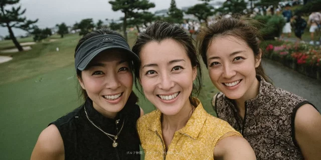 稲城市矢野口在住のゴルフ仲間同士が、緑に囲まれたゴルフ場でリラックスした表情で並んでいる様子