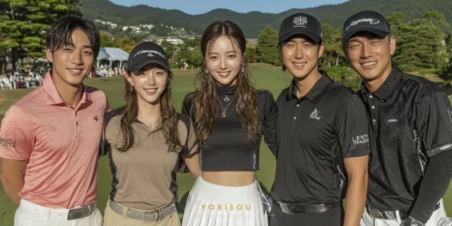 大野城市下大利周辺のゴルフ場で、ゴルフウェア姿の男女グループがバストアップで並び、ラウンド後にリラックスした表情を見せている様子
