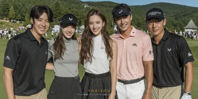 尾張旭市城山町でラウンド後に並んで写る男女ゴルファー5人、ゴルフウェア姿でリラックスした表情の集合写真
