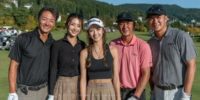 滝沢市鵜飼地区のゴルフ場で、年代の異なる男女ゴルファーがゴルフウェア姿でバストアップに写り、ラウンド後に自然な笑顔を見せている様子