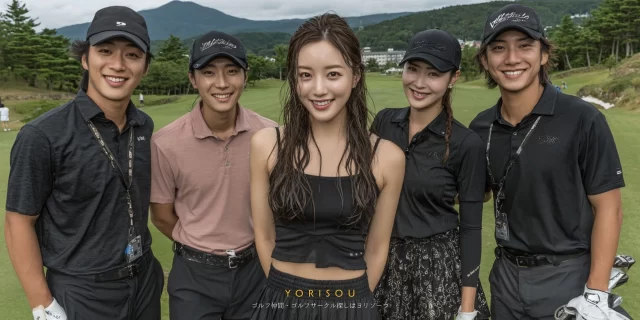 三条市須頃エリアのゴルフ場で、ゴルフウェア姿の男女5人がバストアップで並び、リラックスした雰囲気で微笑んでいる様子