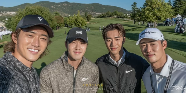 郡山市開成エリアのゴルフ場で、ゴルフウェア姿の20〜30代男性4人がラウンド前に並んで微笑んでいる様子
