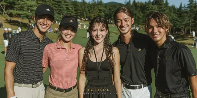 甲府市上阿原町のゴルフ場で、ゴルフウェア姿の男女グループがバストアップで並び、ラウンド後に笑顔で記念撮影している様子