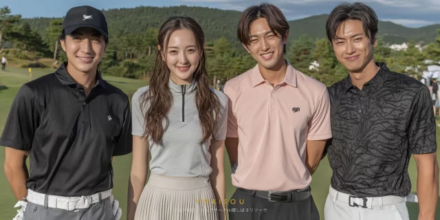 名古屋市名東区猪高町のゴルフ場で、ゴルフウェア姿の20代30代の男女ゴルファー4人がバストアップで並び、ラウンド後に自然な笑顔を見せている様子