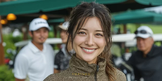 京都市左京区のゴルフ場で、ゴルフウェア姿の30代女性がバストアップで微笑み、背後に同伴者とカートが写る自然なラウンド前の様子