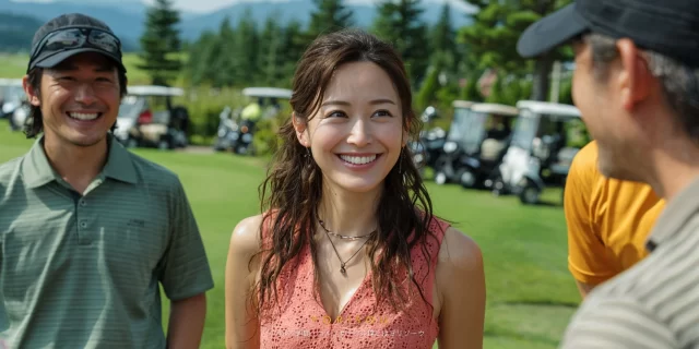 多摩市落合周辺のゴルフ場で、30〜40代の男女ゴルファーがゴルフウェア姿で談笑している様子