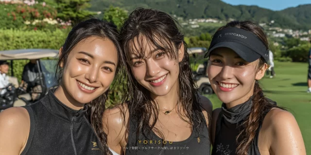 別府市朝見エリアのゴルフ場で、ゴルフウェア姿の女性3人が寄り添ってバストアップで写っている写真、初心者から経験者まで自然に打ち解けた雰囲気