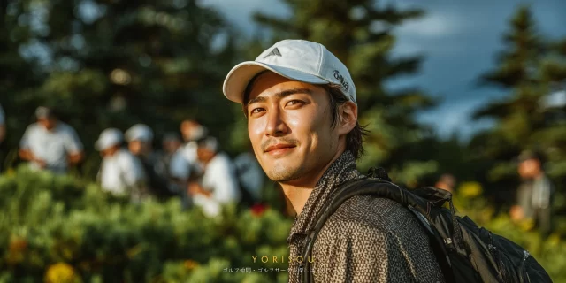 宮崎市赤江エリアのゴルフ場で、40代男性ゴルファーがラウンド後に振り返りながら微笑むバストアップ写真、落ち着いた大人のゴルフ時間を感じさせる様子