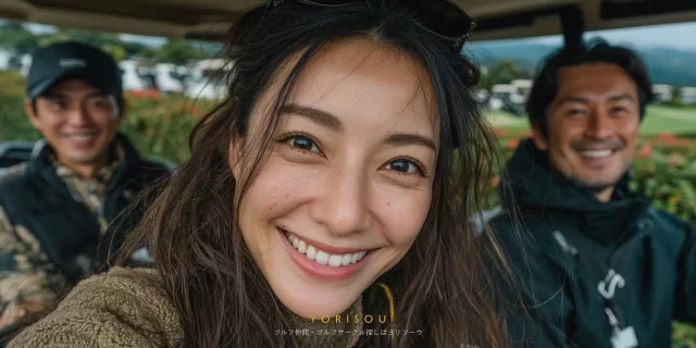 大阪府堺市南区竹城台付近のゴルフ場で、30代女性ゴルファーがゴルフウェア姿でバストアップ、ゴルフカート前で仲間と過ごす自然な表情の様子