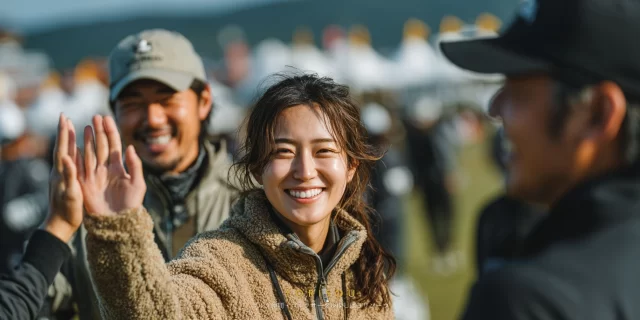 大野城市古市場周辺のゴルフ場で、ゴルフウェア姿の女性ゴルファーがバストアップ、仲間とハイタッチを交わしながら楽しんでいる様子