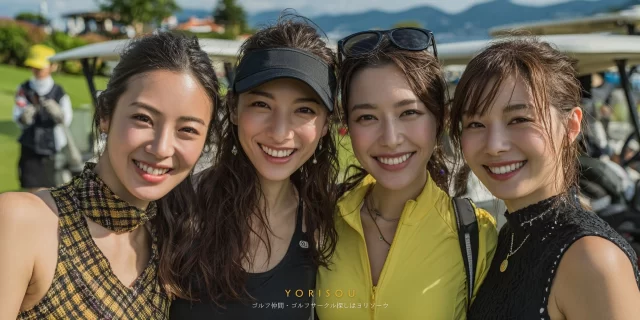 岩沼市下野郷周辺のゴルフ場で、ラウンド後に集まった20代〜30代の女性ゴルファー4人がバストアップで写っている様子