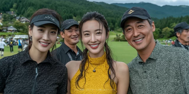 千葉県長生郡睦沢町周辺のコースで、男女混合のゴルファーがゴルフウェア姿でバストアップ撮影され、世代を超えた交流が感じられる場面