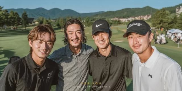 千葉市美浜区真砂方面から参加した男女ゴルファーが、ゴルフウェア姿でバストアップになり、グループとして自然に溶け込んでいる様子