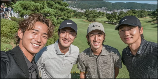 田区田園調布本町三丁目方面から参加した20代〜30代の男性ゴルファーが、青空とグリーンを背景にゴルフを楽しんでいる集合シーン