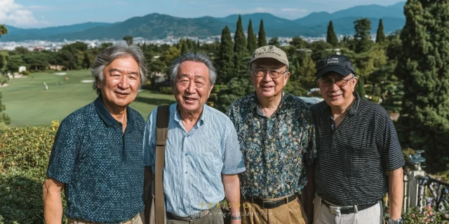 多摩市落合在住の60〜70代男性ゴルファー4人が、多摩丘陵を望むゴルフ場で穏やかに並び、長年の仲間同士でラウンドを楽しんでいる様子