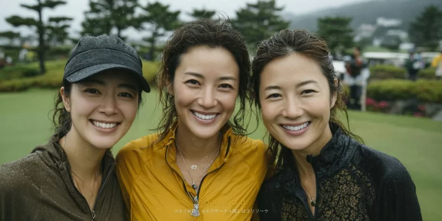 和歌山市加太方面のゴルフ場で、40代〜50代の女性ゴルファーがゴルフウェア姿で仲間と並び、雨上がりのコースで笑顔を見せるバストアップ写真