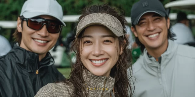 鳥取市吉方町近郊のゴルフ場で、ゴルフウェア姿の30代女性ゴルファーが仲間と一緒に微笑んでいるバストアップ写真