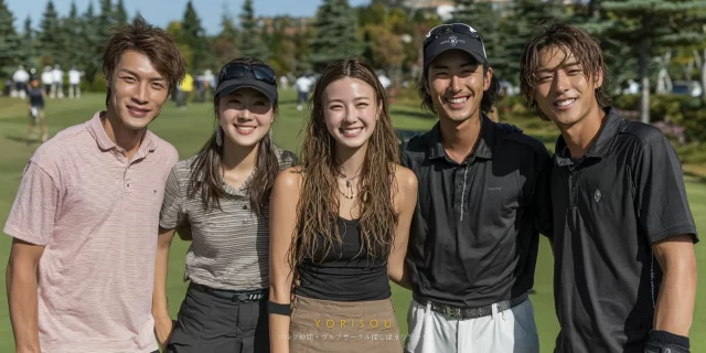 稲城市長峰エリアのゴルフコースでゴルフ仲間と並んで立つ20〜30代の男女混合グループ
