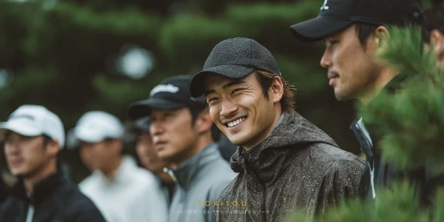 高知市土佐山方面のゴルフ場で、ラウンド待ちの時間に仲間と談笑する30代〜40代の男性ゴルファーの様子