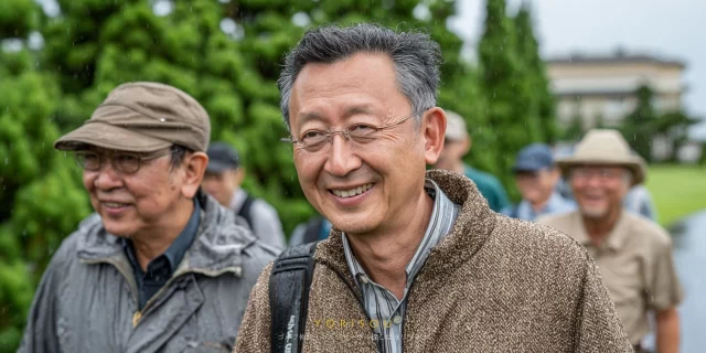 燕市吉田エリアのゴルフ場で、ゴルフウェア姿の60代男性ゴルファーが仲間と歩きながら笑顔を見せるバストアップ写真、平日ラウンドをゆったり楽しむ燕市のシニアゴルファー
