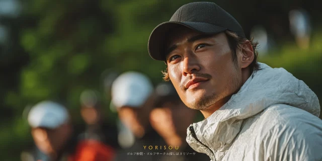 和歌山市毛見のゴルフ場で、ゴルフウェア姿の30代男性ゴルファーがバストアップで写り、後方に仲間が見える落ち着いたラウンド中の雰囲気