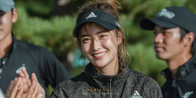 青森市大別内のゴルフコースで、20代〜30代の男女ゴルファー5人がラウンド後に並んで記念撮影している風景