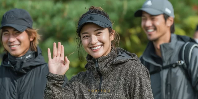 世田谷区三軒茶屋二丁目エリアから参加したゴルファーが、ゴルフ場でゴルフウェア姿のまま手を振り挨拶している様子