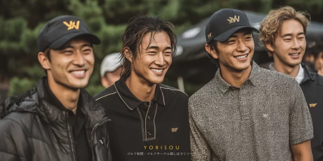 金沢市片町周辺でゴルフを楽しむ30代〜40代男性ゴルファーが、ゴルフウェア姿でバストアップの距離感で並び、ラウンド後にリラックスした表情を見せている様子