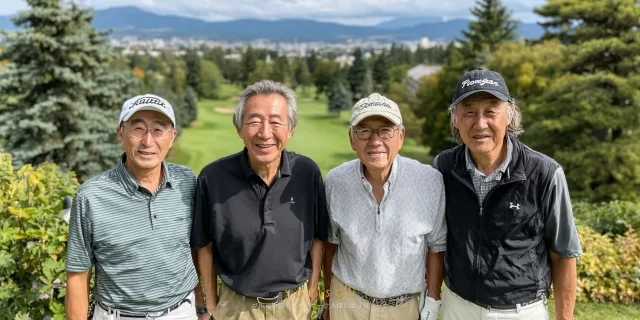 大田区久が原三丁目方面から集まった60代〜70代の男性ゴルファーが、ゴルフウェア姿で並び、緑豊かなコースを背景に穏やかな表情でラウンドを楽しんでいる様子