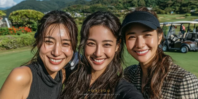 多摩市永山在住の30代女性ゴルファー3人が、ラウンド後に笑顔で並び、気の合うゴルフ仲間との時間を楽しんでいる様子