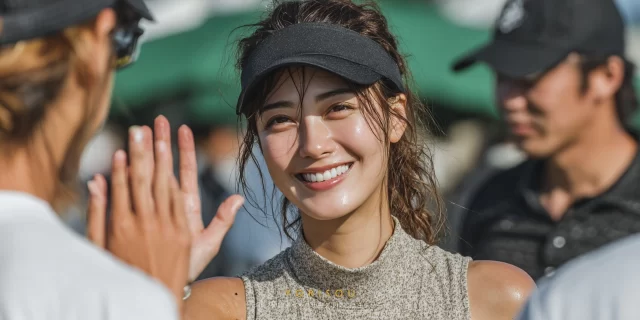 長崎市大浦町のゴルフ場で、ゴルフウェア姿の女性ゴルファーが仲間とハイタッチするバストアップの様子。ラウンド後の達成感と和やかな雰囲気が伝わる一枚。