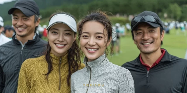 稲城市向陽台周辺のゴルフ場でラウンドを楽しむ30代中心のゴルフ仲間4人の集合写真