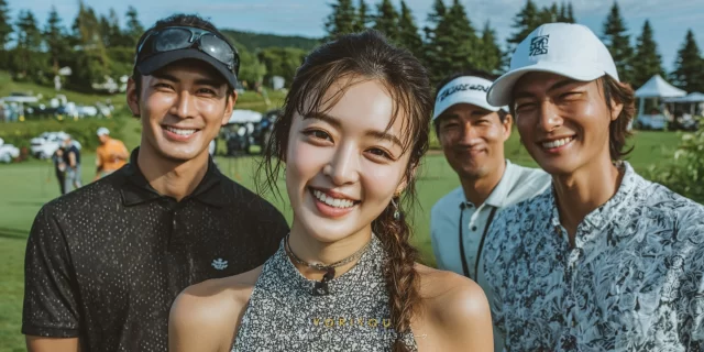 千歳市美々エリアのゴルフ場で、ゴルフウェア姿の男女4人が並び、初対面でも自然な距離感で笑顔を見せているバストアップの集合写真