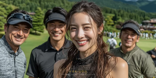 高槻市南平台でラウンドを楽しむゴルフ仲間の様子、ゴルフウェア姿の30代女性がバストアップで笑顔を見せ、後ろに同じ高槻市在住の男性ゴルファーが並ぶ自然な集合写真