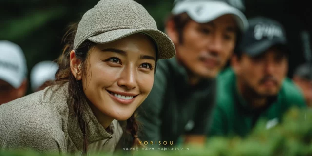 早良区西新でゴルフを楽しむ30代女性ゴルファーが、ゴルフウェア姿で前傾しながら仲間と談笑しているバストアップの様子