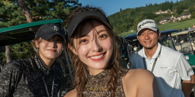 大野城市下大利南エリアから参加した女性ゴルファーが、ゴルフウェア姿でバストアップ、ラウンド後に仲間と並び自然な笑顔を見せている様子