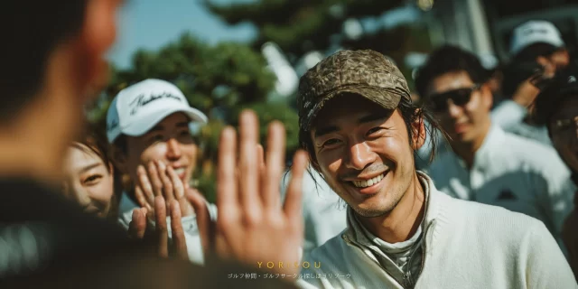 一宮市今伊勢町エリアのゴルフ場で、ゴルフウェア姿の30〜40代男性ゴルファーがバストアップで仲間とハイタッチしながら笑顔を見せ、ラウンド中の一体感が伝わる様子