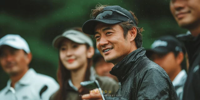 名取市のゴルフ場で、雨上がりのコンディションの中、ゴルフウェア姿の40代男性ゴルファーが仲間と談笑しながら次のホールを待つ様子を捉えたバストアップのシーン