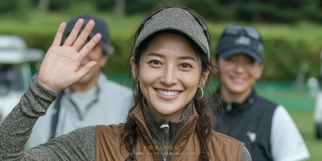 船橋市西船在住の30代女性ゴルファーが、ゴルフウェア姿で手を振りながら挨拶しているバストアップ写真、生活圏が近い仲間と自然につながる船橋市のゴルフコミュニティらしい場面