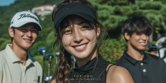 港区広尾在住の女性ゴルファーが、仲間と声を掛け合いながらラウンドを楽しんでいる瞬間