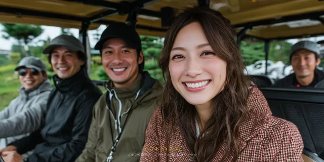 三条市東三条在住の30代女性ゴルファーが、ゴルフウェア姿でカートに乗り、同伴者とリラックスした表情を見せているバストアップ写真