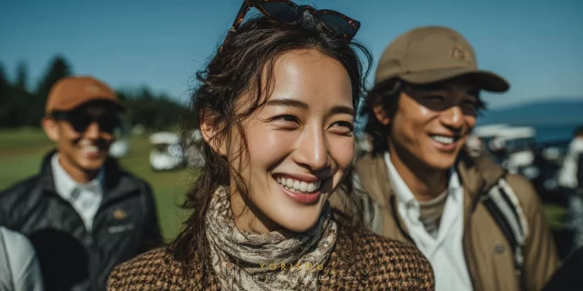 燕市分水エリアのゴルフ場で、ゴルフウェア姿の30代女性ゴルファーが仲間と談笑しながら微笑むバストアップ写真、燕市で自然体のゴルフ仲間関係を楽しむ様子