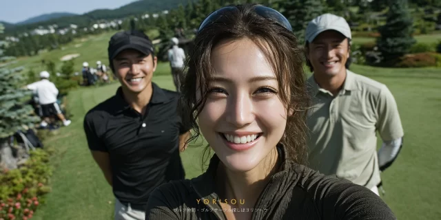 廿日市市宮園エリアのゴルフ場で、ゴルフウェア姿の30代女性ゴルファーがバストアップで写り、後方に同伴者が見えるリラックスした雰囲気の一枚