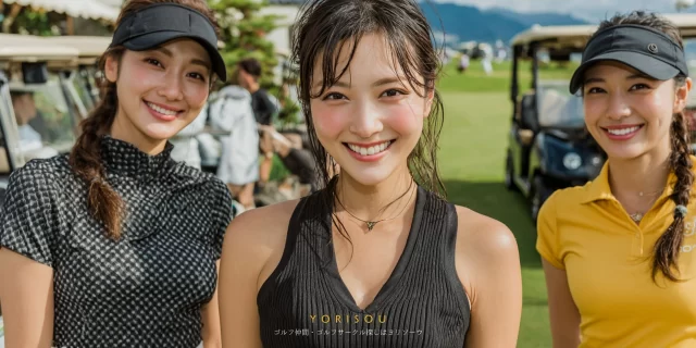 広島市佐伯区五日市町のゴルフ場でラウンド後に並んで撮影する女性ゴルファー仲間の明るく親しみやすい雰囲気