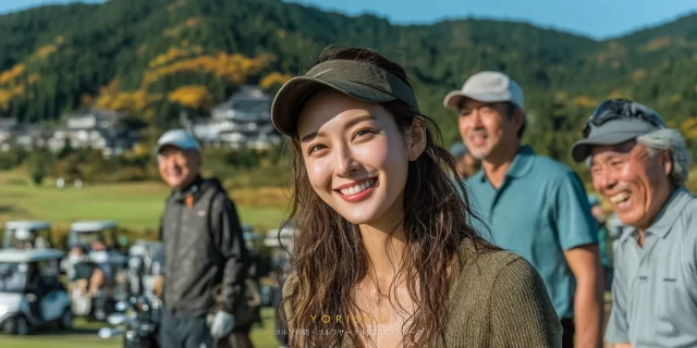 和歌山市加太のゴルフ場で、ゴルフウェア姿の30代女性ゴルファーがバストアップで笑顔を見せ、後ろでシニア世代の仲間が談笑している和やかな様子