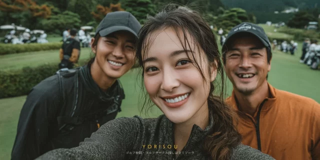 盛岡市薮川方面のゴルフ場で、20代〜40代の男女ゴルファー3人がラウンド中に自撮りで記念撮影している自然な一コマ