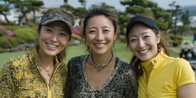 秋田市旭川エリアのゴルフ場で、秋田市在住の女性ゴルファー3人がゴルフウェア姿で並び、ラウンド後に自然な笑顔を見せている様子