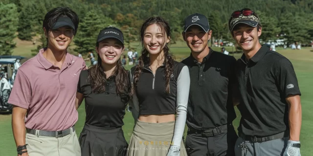 世田谷区下馬六丁目周辺のゴルフ場で、30代〜40代の男女ゴルファー5人がゴルフウェア姿で集合し、和やかな雰囲気で写っている様子