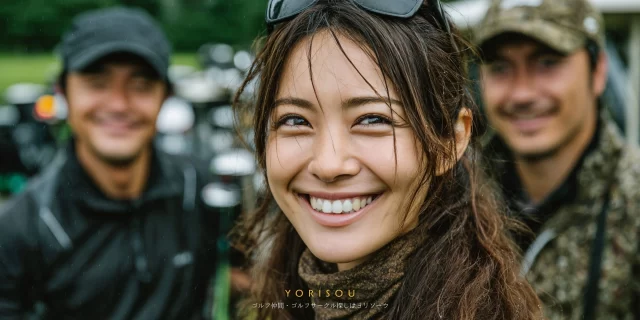 福井市和田東エリアのゴルフ場で、20代女性ゴルファーがゴルフウェア姿で仲間と会話しながら笑顔を見せる上半身中心のシーン
